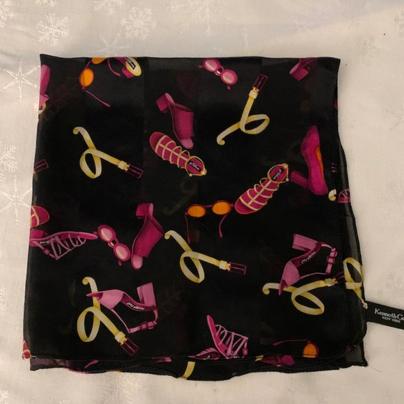 Vintage Kenneth Cole 100% Silk Scarf / Black Scarf w/Pink and Yellow Accessories - Picture 1 of 5